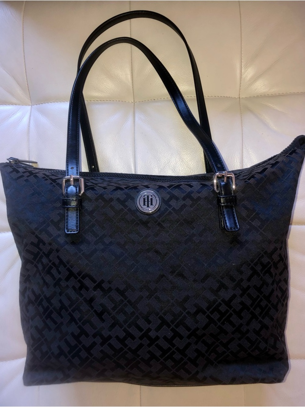 Tommy Hilfiger Black Jacquard Tote with Leather Straps